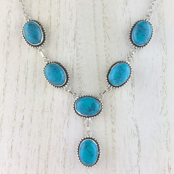 Turquoise Rope Design .925 Layered Stainless Steel Necklace Earring Set - Picture 4 of 6